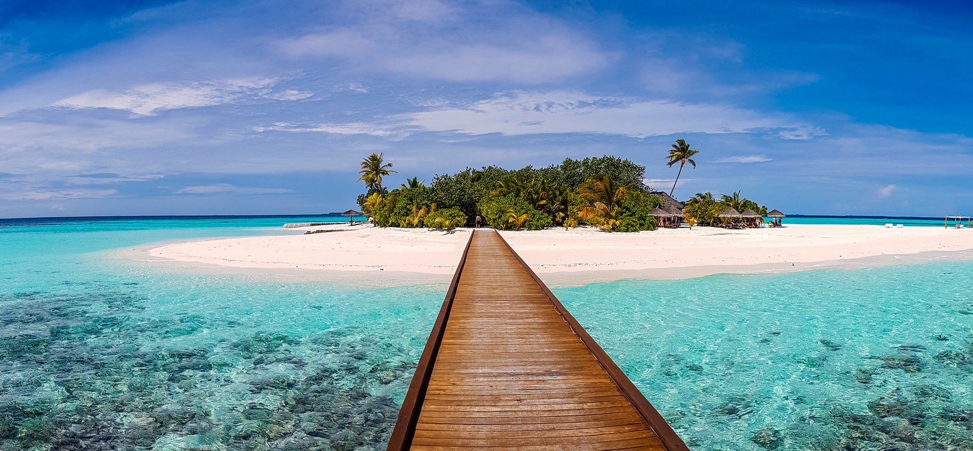 Photo of wooden bridge leading to a remote tropical island